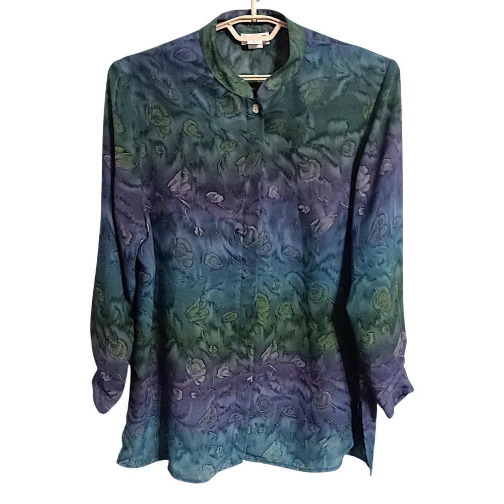 Dana‎ Taylor Woman Floral Blouse 1X Button Up Tunic Watercolor Feminine Romantic